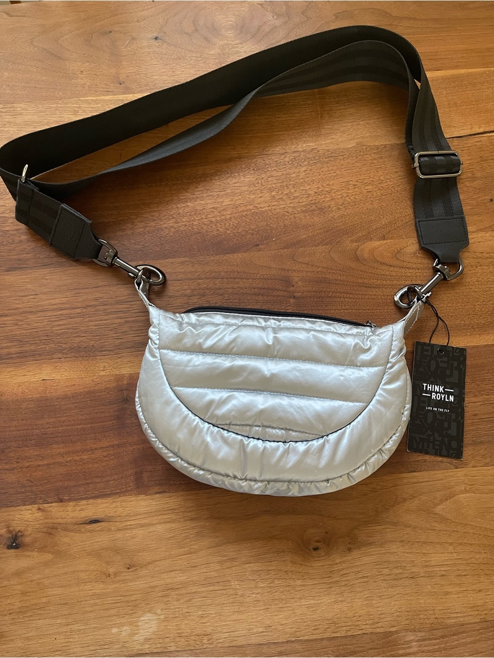 THINK ROYLN Silver Quilted Crescent Crossbody with Black Strap